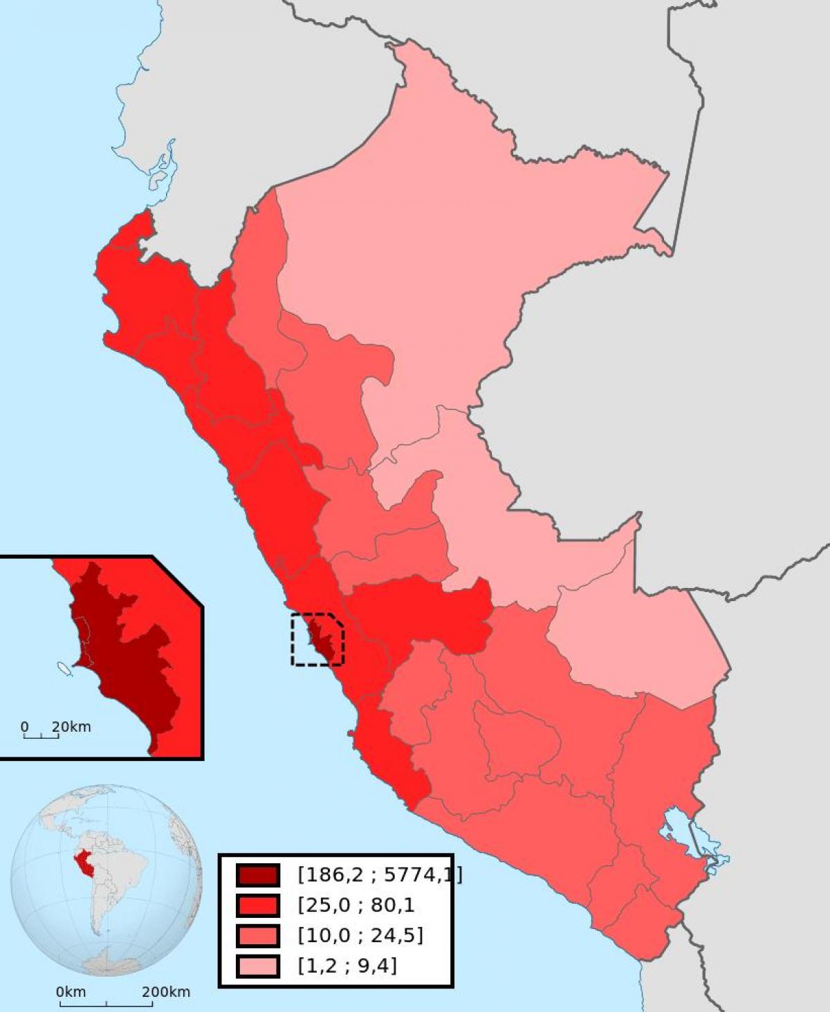 Peru bevolkingsdichtheid kaart